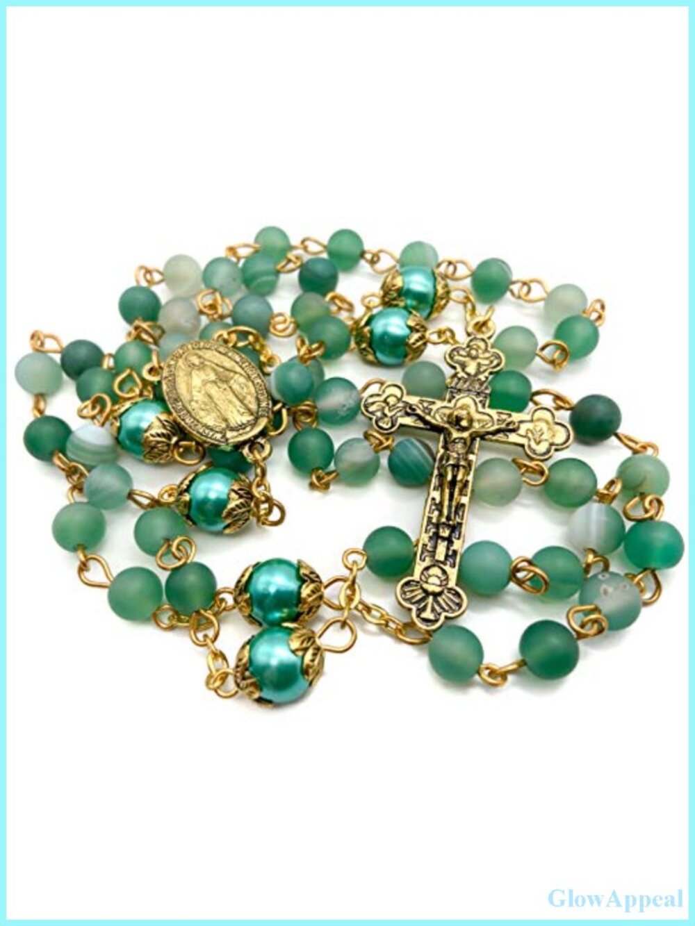 Catholic Rosary Necklace Matte Stone Beads Green Pearl Round Beads Miraculous